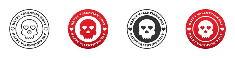 Round badge with skull and heart shape inside and text Happy Valentine's Day. Vector illustration.