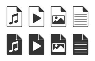 Set of icons of different types of files. Such as multimedia, text, audio file and image file. Vector illustration.