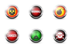 Set of colored glossy buttons with danger signs. Skull icon. Bomb sign. Crossbone symbol. Flat vector illustration.