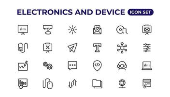 electrónica y dispositivo líneas icono colocar. electrónico dispositivos y artilugio, computadora, equipo y electrónica. computadora monitor, teléfono inteligente, tableta y ordenador portátil sumbol recopilación. vector