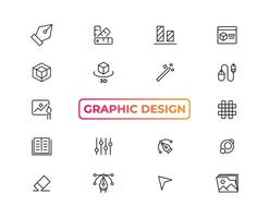 Set of thin line icons of graphic design. Simple linear icons in a modern style flat, Creative Process. Graphic design, creative package, stationary, software and more simple UI, UX vector icons