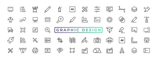 Set of thin line icons of graphic design. Simple linear icons in a modern style flat, Creative Process. Graphic design, creative package, stationary, software and more simple UI, UX vector icons