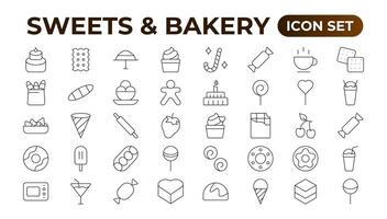 Sweets and Bakery icon set. Food icon collection. Containing meal, restaurant, dishes, and fruit icons. Set of outline icons related to food and drink. Linear icon collection. Outline icon collection. vector