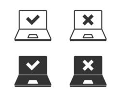 Cross and check marks on laptop screen. Vector illustration.