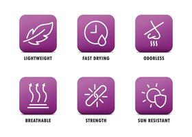 Useful icons set. Such as lightweight, odorless, breathable, strength. Vector illustration.