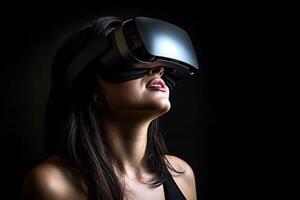 AI generated Futuristic woman immersed in virtual reality with vr headset - embracing the phygital world photo