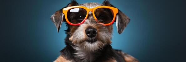 AI generated Adorable dog wearing stylish sunglasses, creating the ultimate vacation mood with space for captions photo