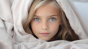 AI generated Young girl with a cold lying with space for text photo