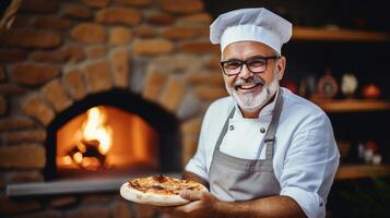 AI generated Cheerful mature man cooking pizza in italian brick oven, copy space available for text and branding photo