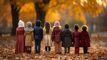 AI generated Diverse group of children embracing in park, blurred background with copy space for text photo