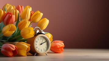 ai generado alarma reloj en medio de floreciente flores, primavera adelante concepto. luz ahorro tiempo, primero primavera flores, perder un hora. foto