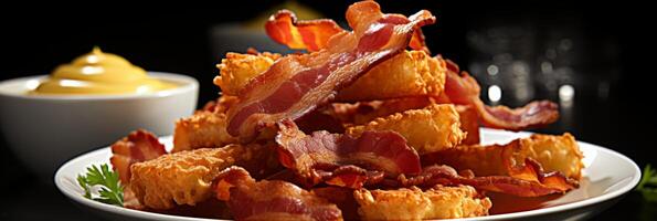 AI generated Delicious crispy fried bacon strips background for food concepts and banner design photo