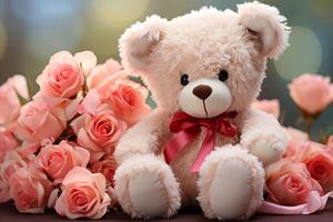 AI generated Charming Teddy Bear with a Bouquet of Roses. The Perfect Token of Affection for Special Occasions photo