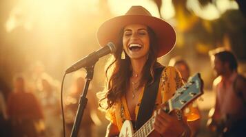 AI generated Passionate group of musicians playing together with intensity, medium shot with blurred background photo