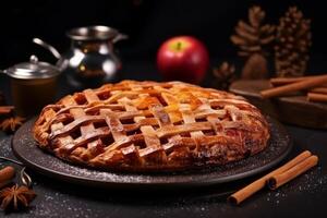 AI generated Delicious and fragrant apple pie for restaurant menu with ample space for custom text and slogans photo