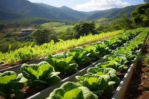 ai generado moderno vegetal agricultura. un vasto y tecnológicamente avanzado plantación en el 21 siglo foto