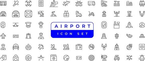 Airport vector line icon set. Contains linear outline icons like Plane, Ticket, Baggage, Seat, Wifi, Bag, Departure, Terminal, Passport, Transport, Luggage, Airplane