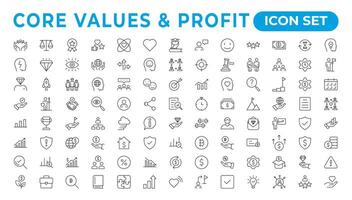 Value money core icons set. Outline illustration of icons. Core values line icons. Integrity. Vision, Social Responsibility, Commitment, Personal Growth, Innovation, Family, and Problem-Solving. vector