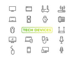 dispositivo y tecnología línea icono colocar. electrónico dispositivos y artilugio, computadora, equipo y electrónica. computadora monitor, teléfono inteligente, tableta y ordenador portátil sumbol colección - valores ... vector