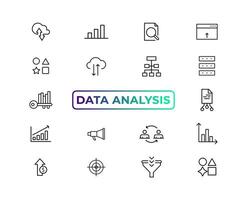 grande datos análisis Delgado línea icono colocar. datos Procesando contorno pictogramas para sitio web y móvil aplicación interfaz gráfica de usuario digital analítica sencillo ui, ux vector íconos