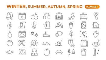 Spring, summer, autumn, and winter icon set. Weather icons. Weather forecast icon set. Clouds logo. Weather, clouds, sunny day, moon, snowflakes, wind, sun day. Outline icon collection. vector