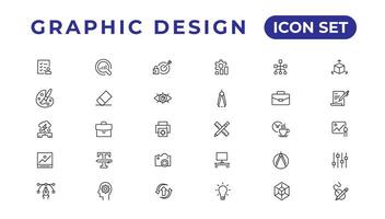 Set of thin line icons of graphic design. Simple linear icons in a modern style flat, Creative Process. Graphic design, creative package, stationary, software and more vector