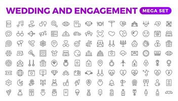 Simple Set of Minimal Wedding Related Vector Line Icons. The wedding outline icon set includes thin line rose, candle, marriage, bouquet, groom, tent, dove icons for report, presentation, and diagram.