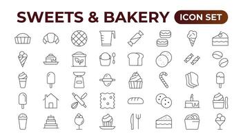 Sweets and Bakery icon set. Food icon collection. Containing meal, restaurant, dishes, and fruit icons. Set of outline icons related to food and drink. Linear icon collection. Outline icon collection. vector