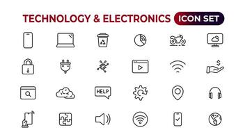 Technology and Electronics and Devices web icons in line style. Device, phone, laptop, communication, smartphone, ecommerce. Vector illustration.