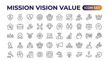 misión, visión y valor icono colocar. contorno ilustración de iconos núcleo valores línea iconos visión, social responsabilidad, y resolución de problemas vector