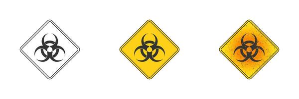 Biohazard symbol. Outline, flat yellow, and yellow with grunge texture. Vector illustration.