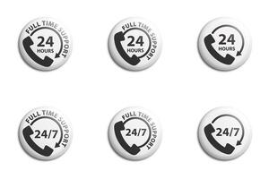 Telephone 24 hours support icon. Set of all-day customer support call-center icons. Full time call services. Flat vector illustration.