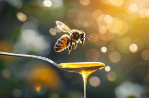 AI generated Honeybee is dipping spoon in honey photo