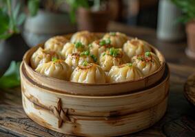 AI generated Steamed chinese dumplings served in the wooden bamboo steamer photo