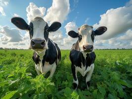 ai generado dos curioso joven vacas son en pie en campo y mirando curiosamente a el cámara foto