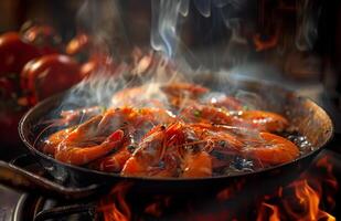 AI generated Shrimps are fried in pan on fire photo