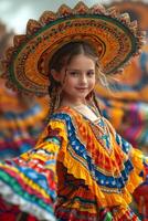 ai generado hermosa pequeño niña en tradicional mexicano disfraz bailes y obras de teatro en el parque foto