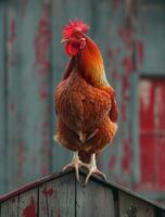 ai generado gallo se sienta en granero techo en frente de rojo granero. foto