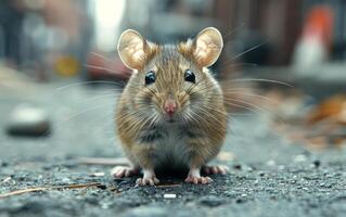 AI generated Mouse stands on street. City rat on the prowl photo