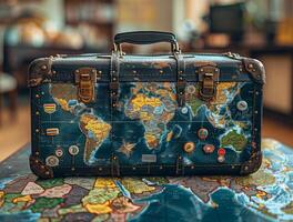 AI generated Vintage suitcase and world map in travel agency photo