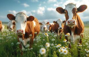 AI generated Cows on summer pasture. A several cows eating grass in a field photo