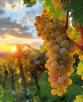 AI generated White wine grapes in vineyard at sunset with sun in the background photo