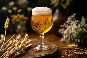 AI generated Glass of cold light beer with foam on the table with barley and hops on the dark wooden background photo