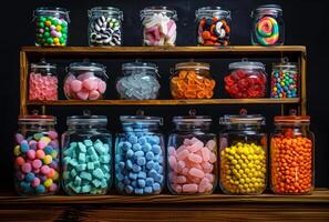 AI generated Colorful candies and sweet jars on the wooden shelf photo