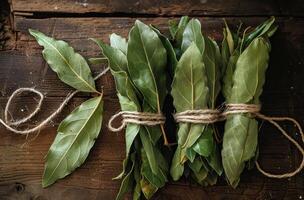 AI generated Bay leaves tied with string on rustic wooden background photo