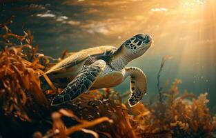 AI generated Green sea turtle swims through kelp forest at sunrise. photo