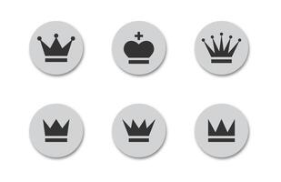 Crown icon set. Black crowns on a grey round buttons with shadows under it. Flat vector illustration.