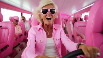 AI generated Happy senior woman in pink suit driving funny pink bus and smiling while sitting behind the wheel photo