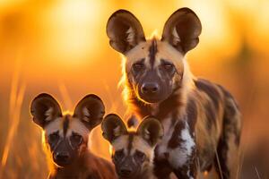 AI generated Incredible wildlife encounter. Captivating african wild dogs with their family in natural habitat photo