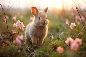 ai generado adorable pequeño Conejo relajante en un campo de verano flores con amplio espacio para texto. Pascua de Resurrección foto